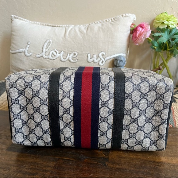 GUCCI Web Sherry Line Navy Boston Bag With Authenticity Cert - Picture 10 of 17